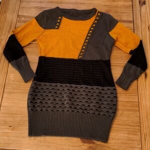 Gaorui Gold/Light Brown/Dark Brown Crew Neck Sweater Dress, Use Measurements